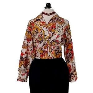 𝅺VINTAGE 70's Laura Mae Life Press Blouse Mod Paisley Print - Orange & Brown